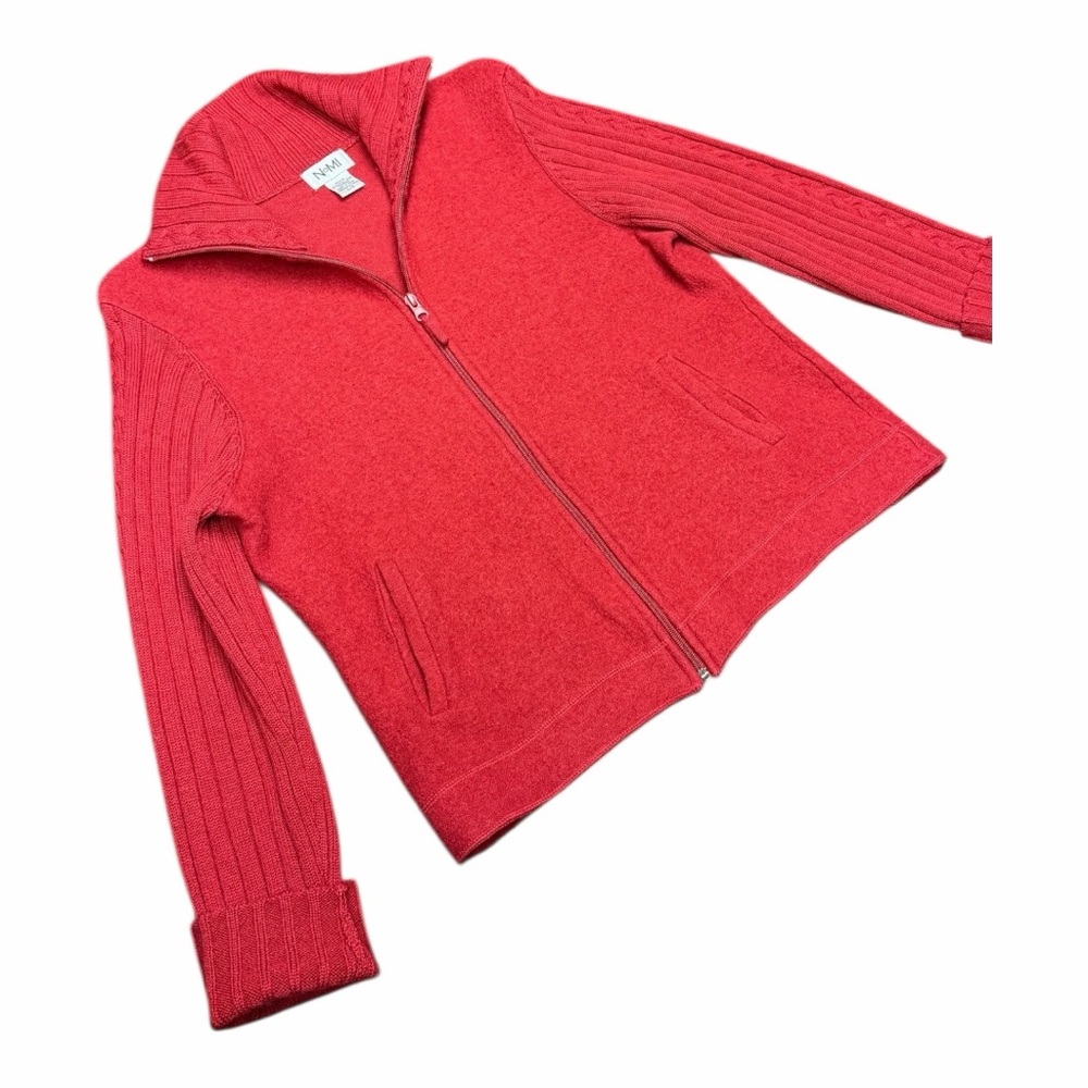 Nomi 100% Wool Red Full Zip Ribbed Sleeve Cardigan L